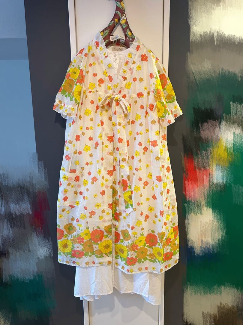 60 70 古着　ポッピーフラワープリント五分袖ラングブラウス