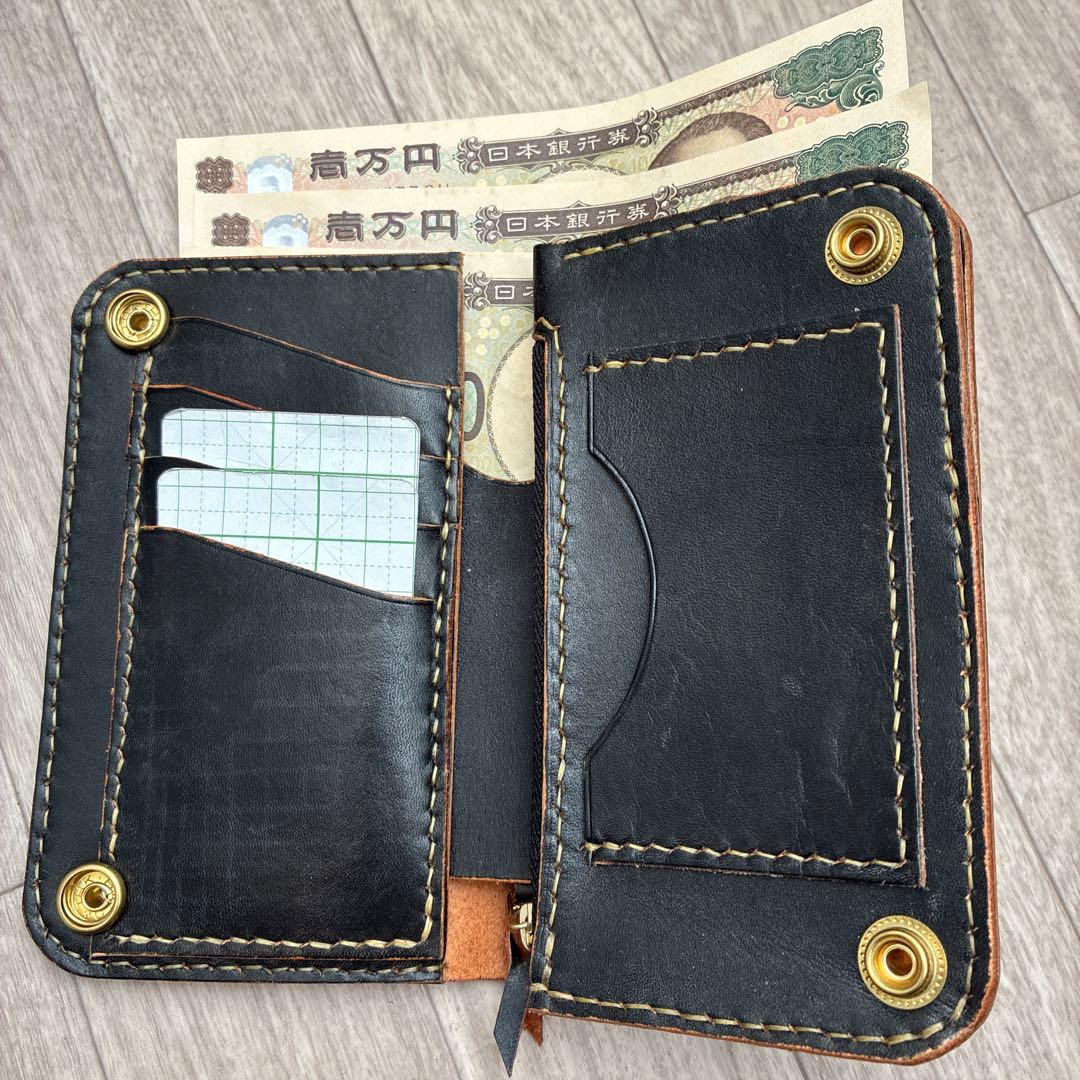 【茶芯ブラック】ミドルトラッカーウォレット　真鍮　お札を折らずに収納