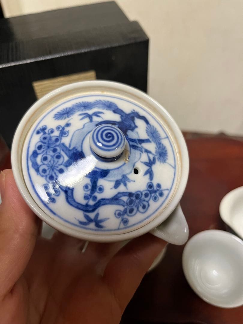 煎茶道具　松竹梅　九谷焼　染付 松竹梅　煎茶器セット　5客　花輪型湯冷　時代