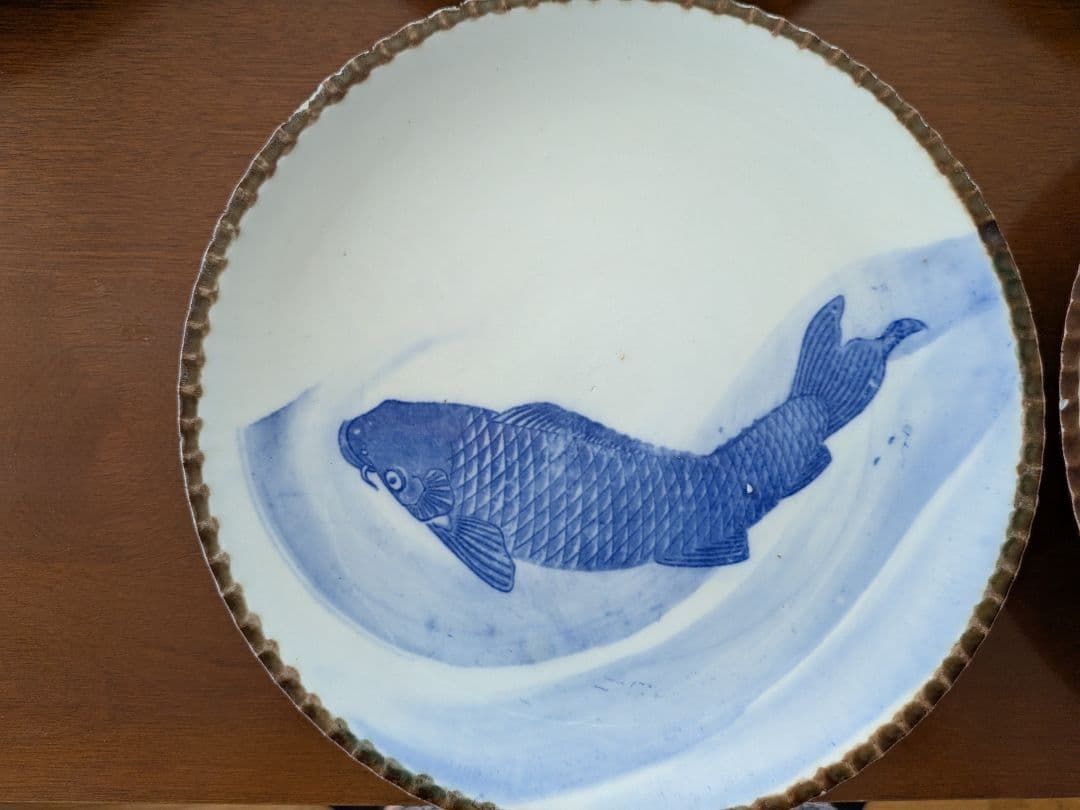 m*0様 青い鯉の絵柄の皿 イゲ皿 直径約24cm 10枚セット アンティーク