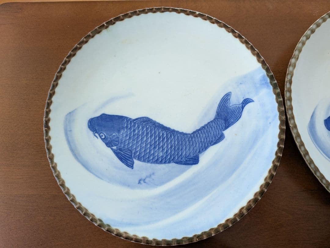 m*0様 青い鯉の絵柄の皿 イゲ皿 直径約24cm 10枚セット アンティーク
