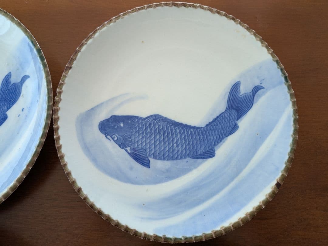 m*0様 青い鯉の絵柄の皿 イゲ皿 直径約24cm 10枚セット アンティーク