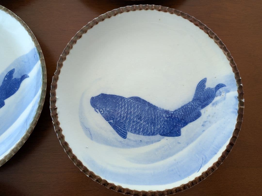 m*0様 青い鯉の絵柄の皿 イゲ皿 直径約24cm 10枚セット アンティーク