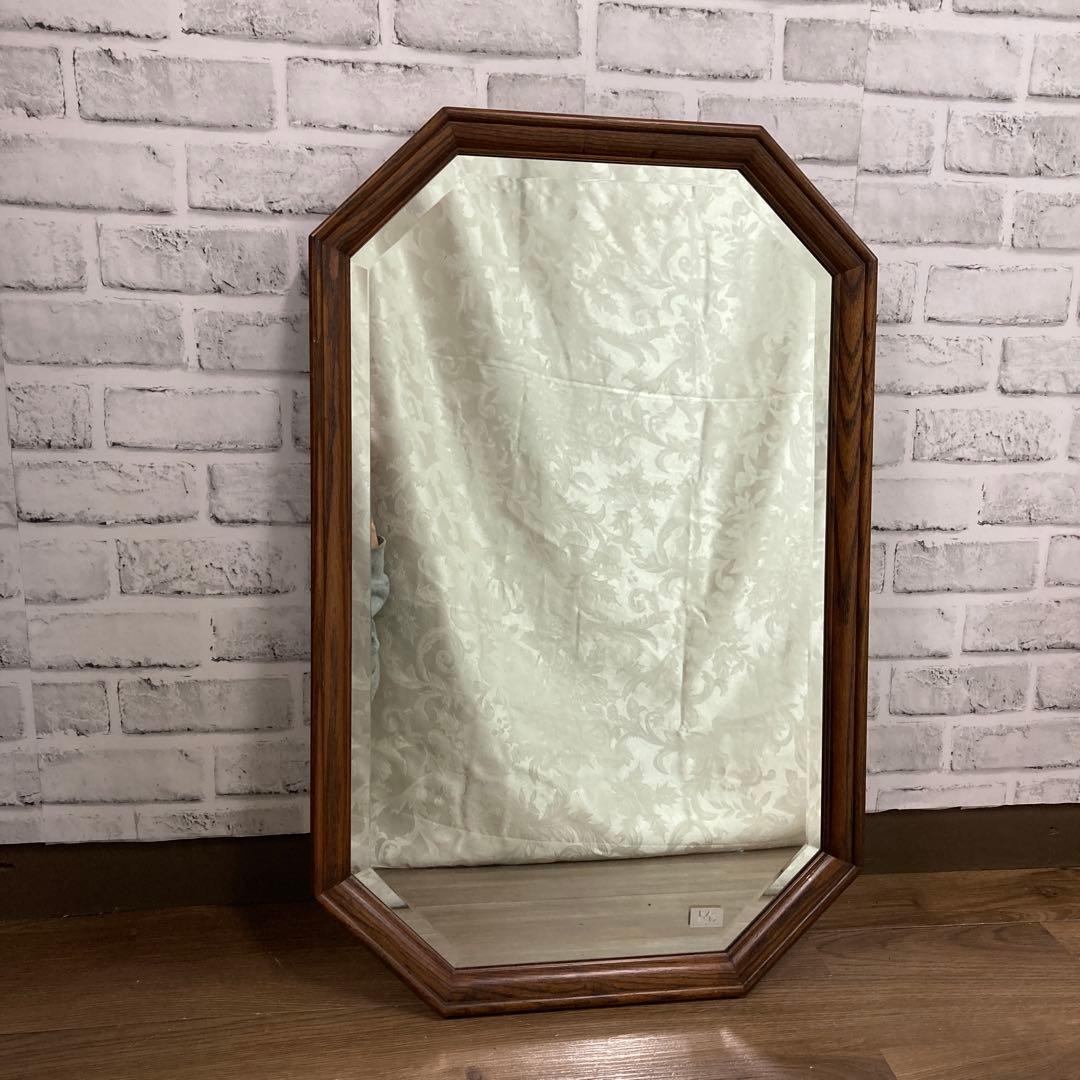 B-3 【美品】M's アンティーク調 八角形 木製ウォールミラー 壁掛け鏡