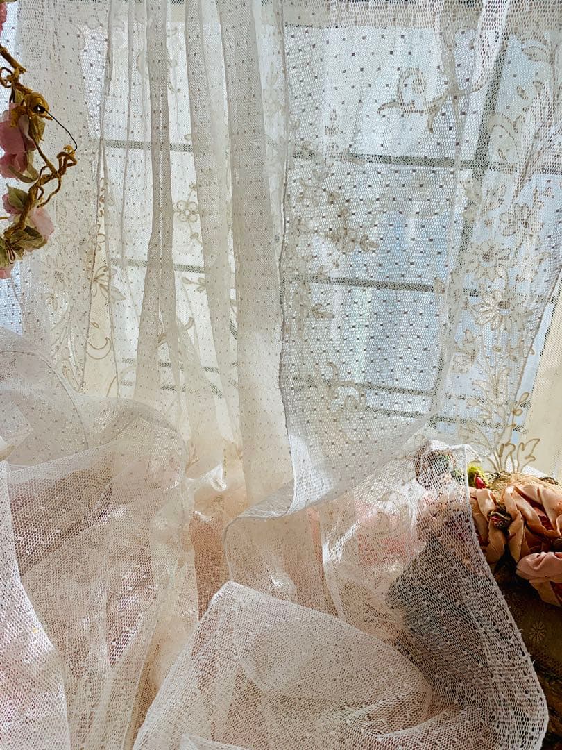 フランスアンティークドット柄チュールレースロングカーテン3枚set※古色ホワイト