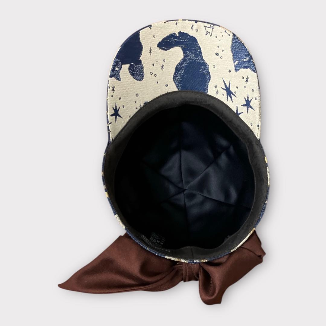 カシラ キャップ リボン 猫 宇宙 ジャガード 極美品 日本製 ネイビー