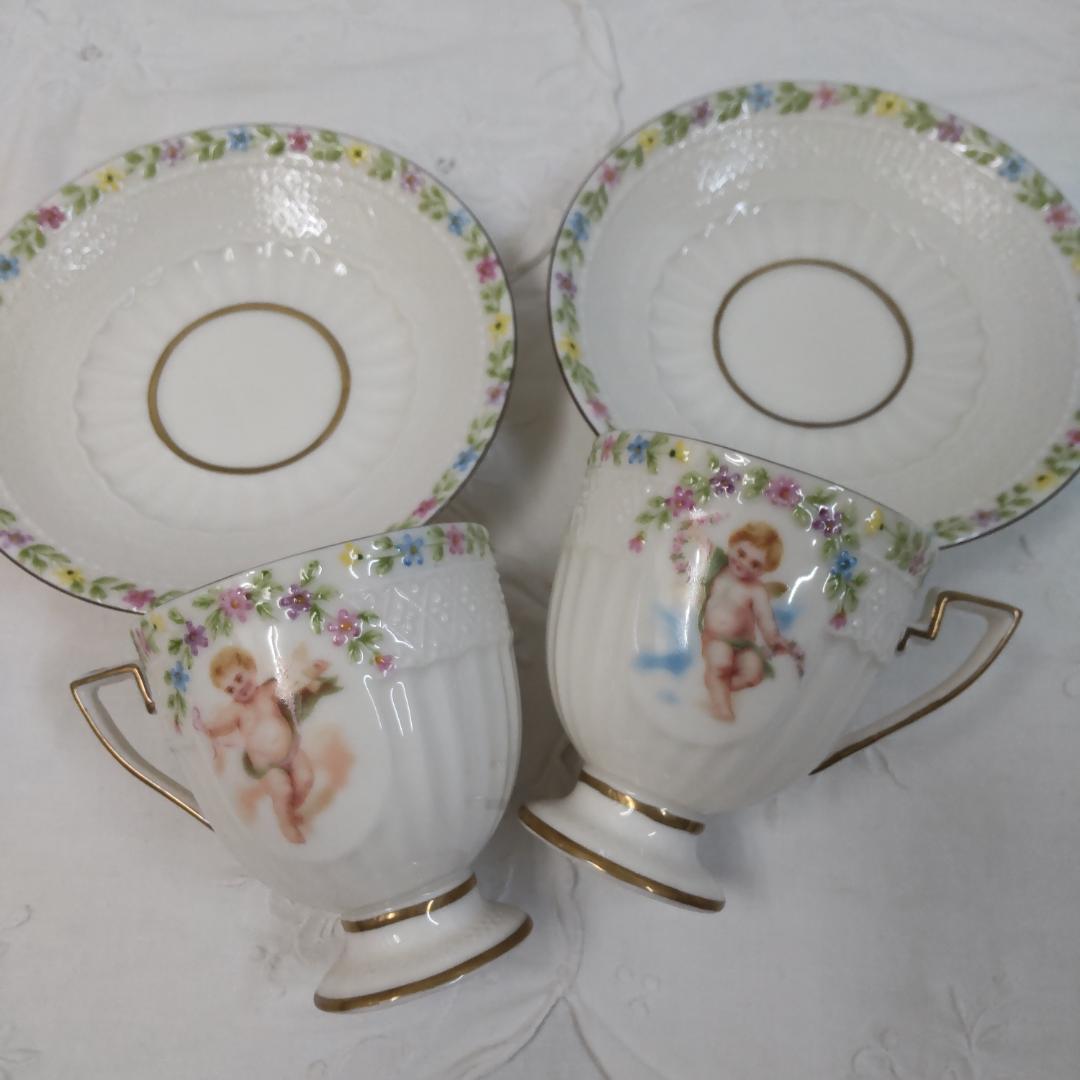 カップ&ソーサー　2客セット　エンゼル　天使　マイセン風　パステル