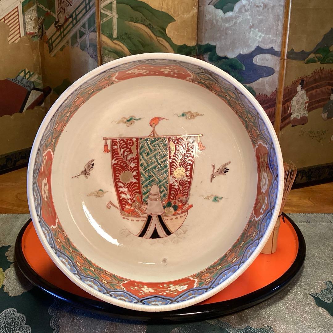 A1030 古伊万里　染錦手　見込宝船　鳳凰紋様　盃洗　　1客（箱付）