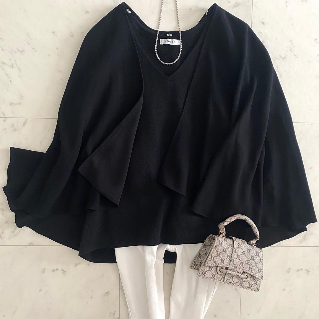 極美品 アドーア 2wayドライタッチコットンニット ポンチョ ケープ 黒 38