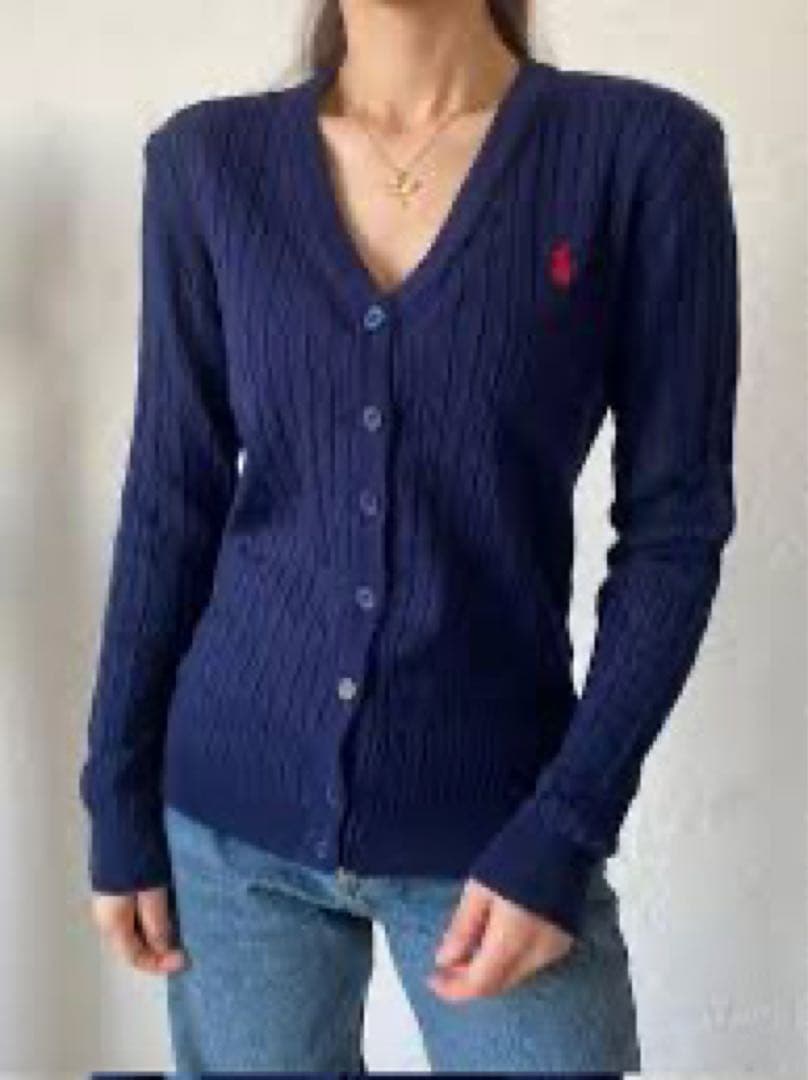 数回着 ラルフローレン コットンケーブルニットカーディガン ネイビー 定番