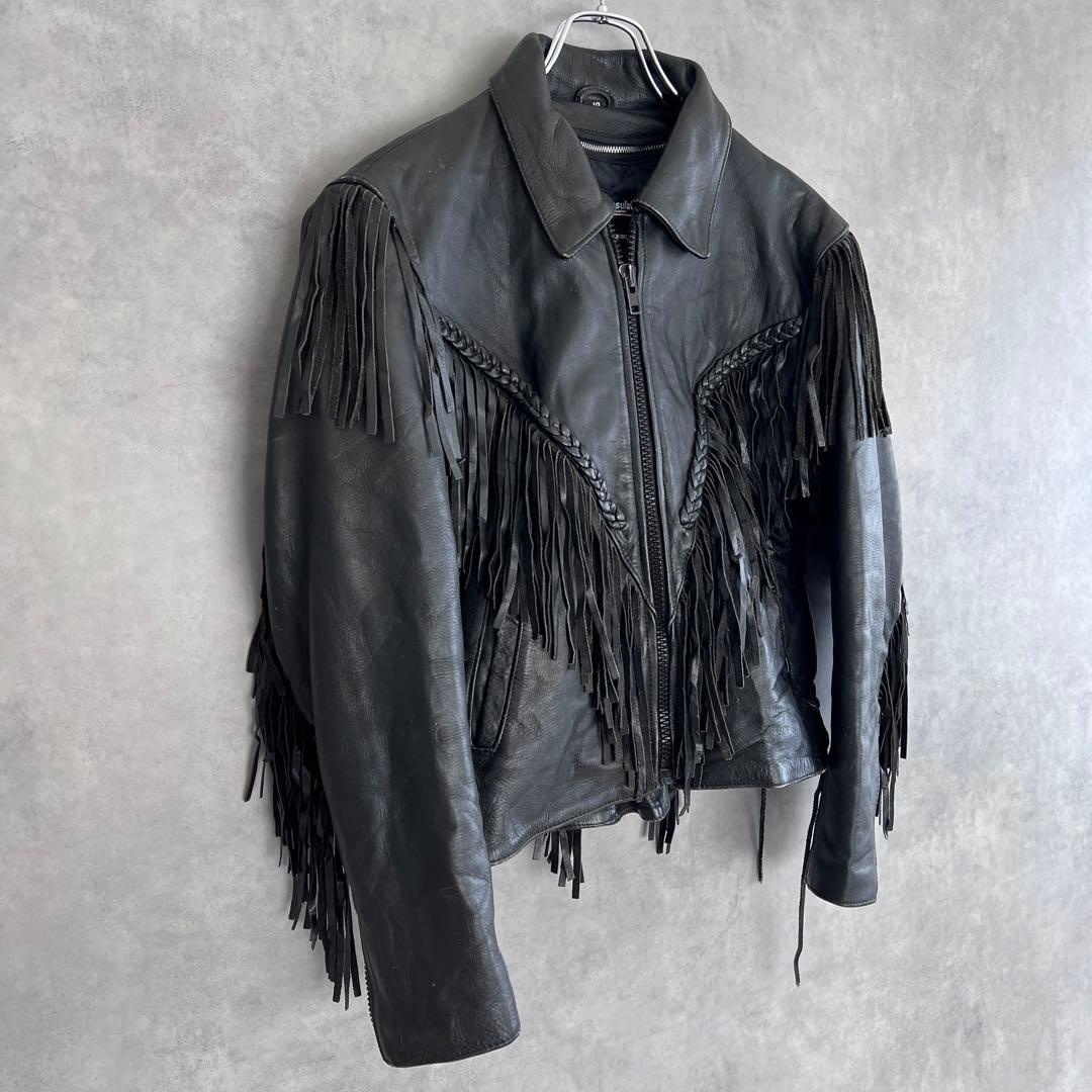 古着 本革フリンジライダースジャケット ヴィンテージ レザー ブラック 10号