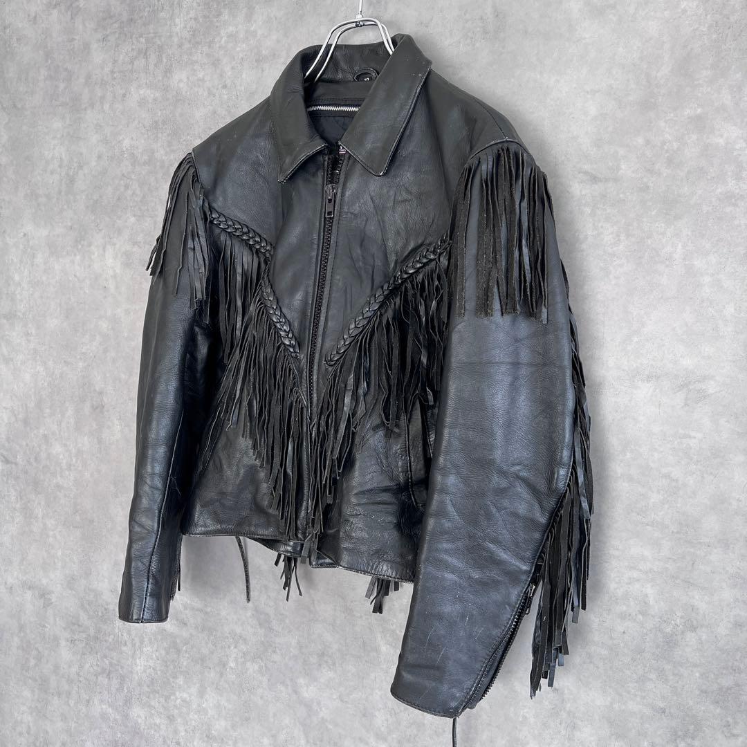 古着 本革フリンジライダースジャケット ヴィンテージ レザー ブラック 10号