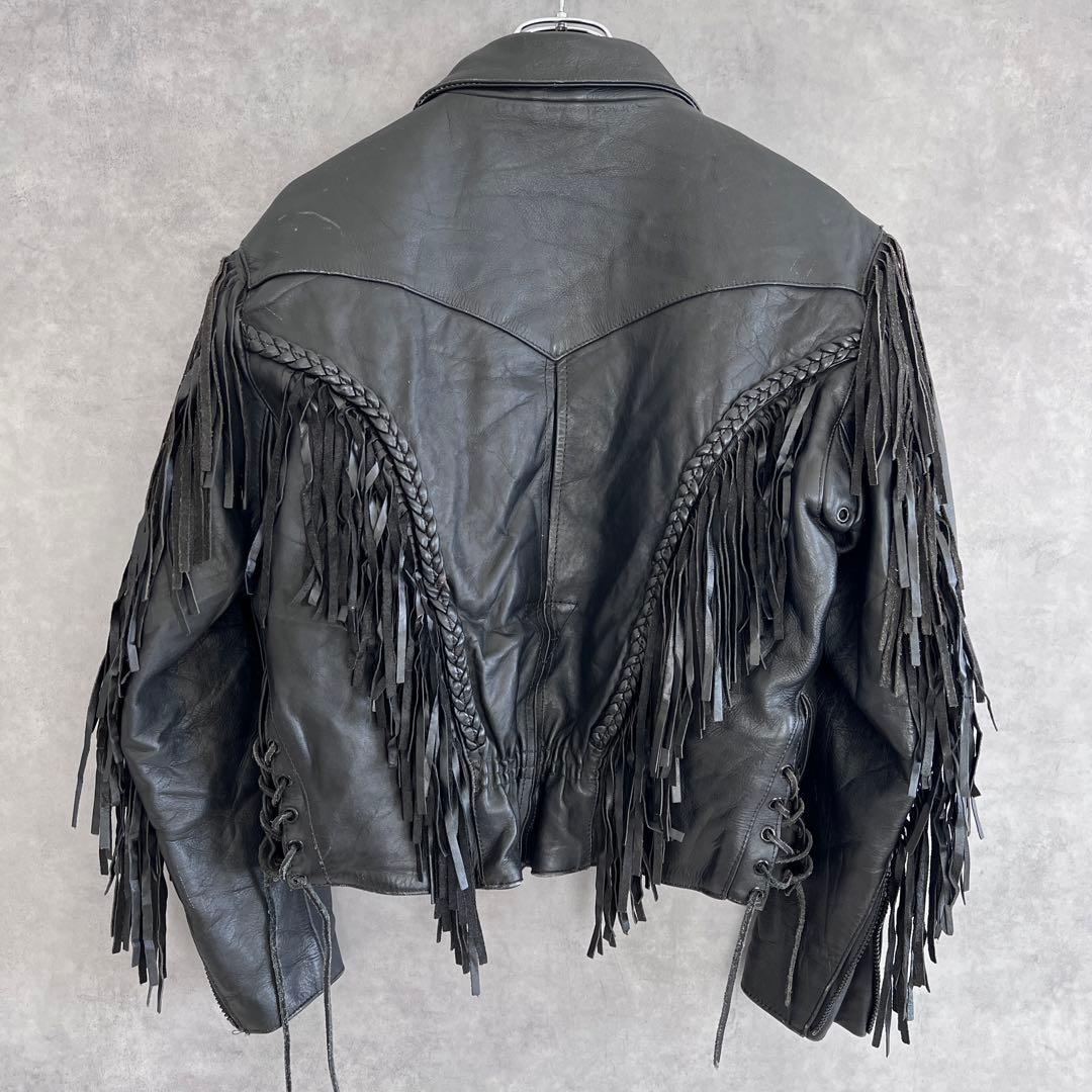 古着 本革フリンジライダースジャケット ヴィンテージ レザー ブラック 10号