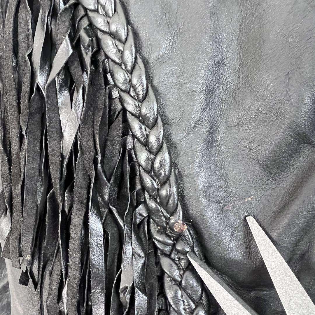 古着 本革フリンジライダースジャケット ヴィンテージ レザー ブラック 10号