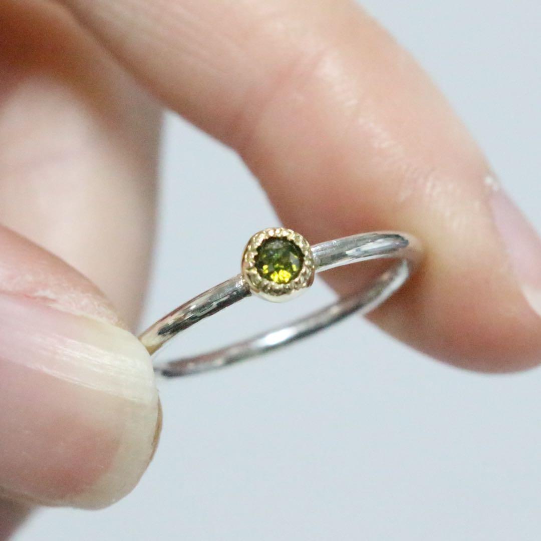 ローズカットのトリートモスグリーンダイヤモンドK10シルバーリング11号