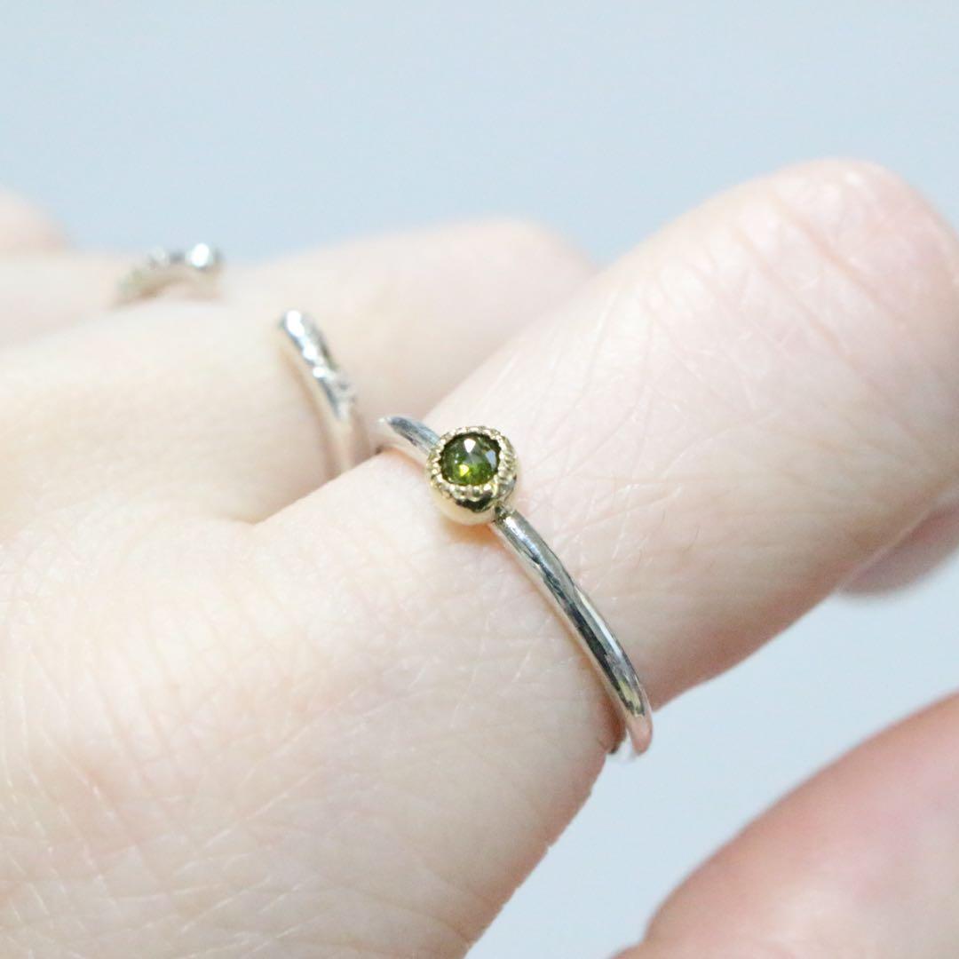 ローズカットのトリートモスグリーンダイヤモンドK10シルバーリング11号