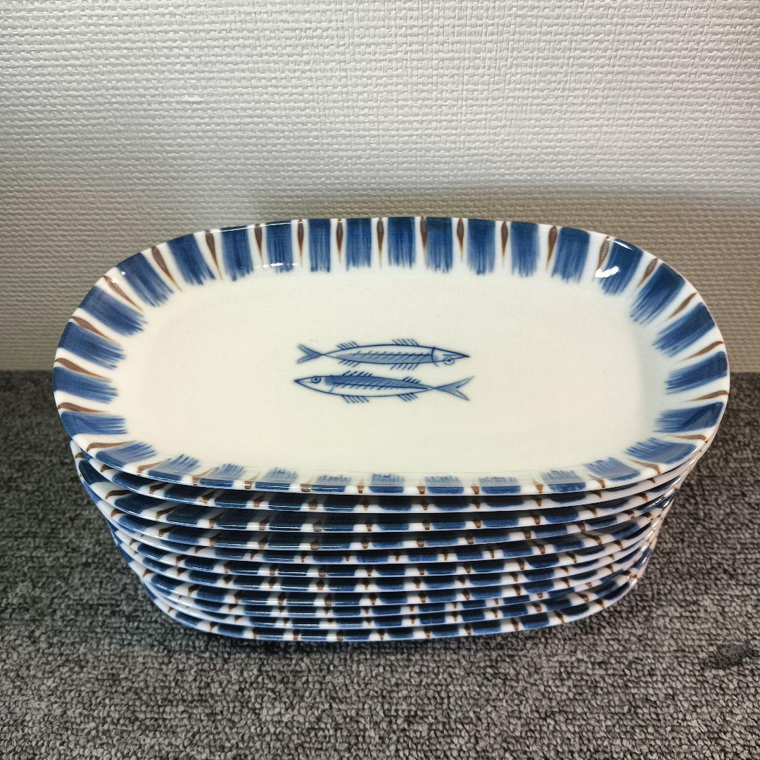 未使用 有田焼 染付魚 長角皿 11客