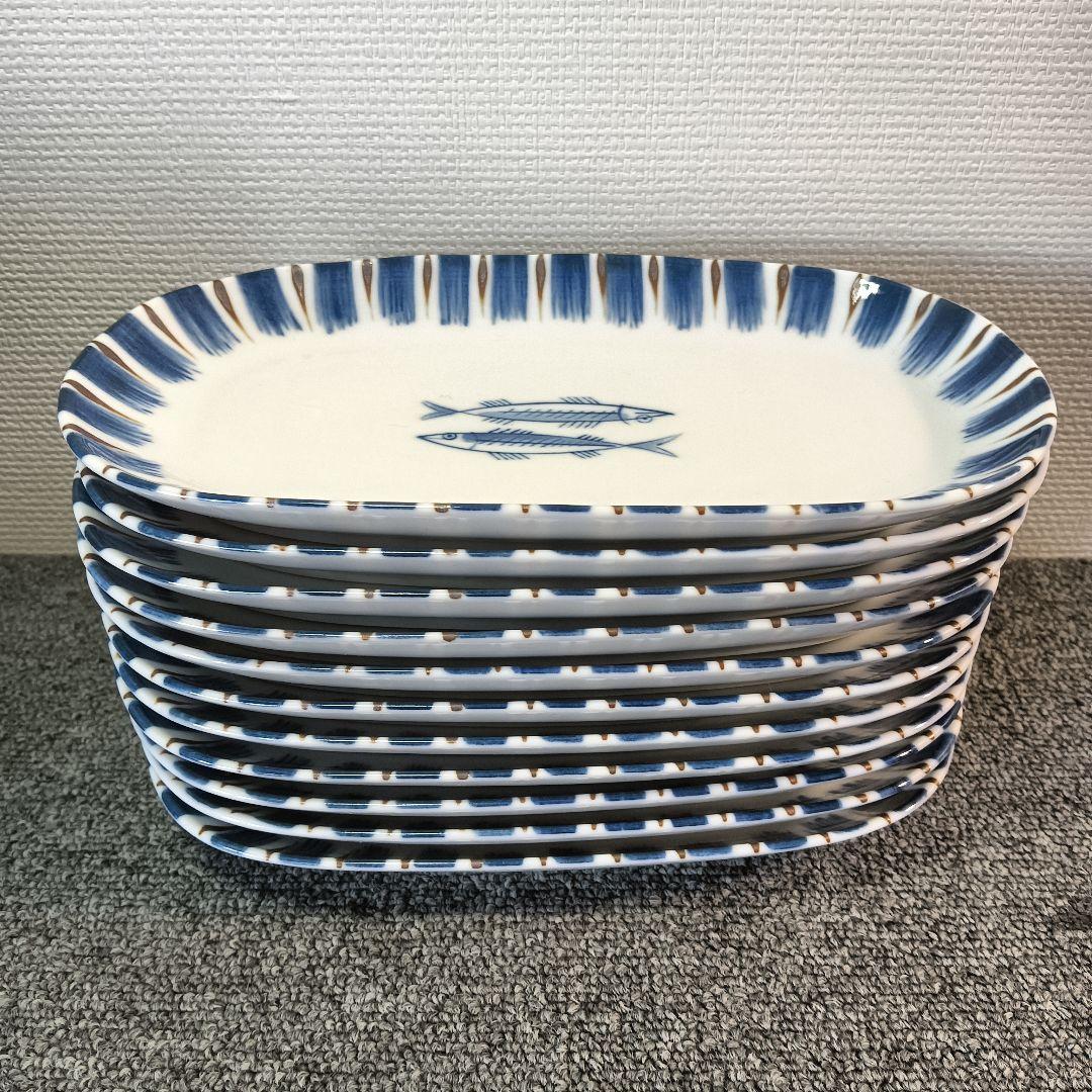 未使用 有田焼 染付魚 長角皿 11客