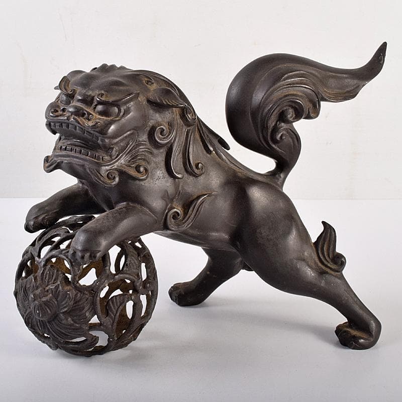 中国　古銅宣徳銅　玉乗り獅子　置物　重さ約5.28㎏　G　R7655B