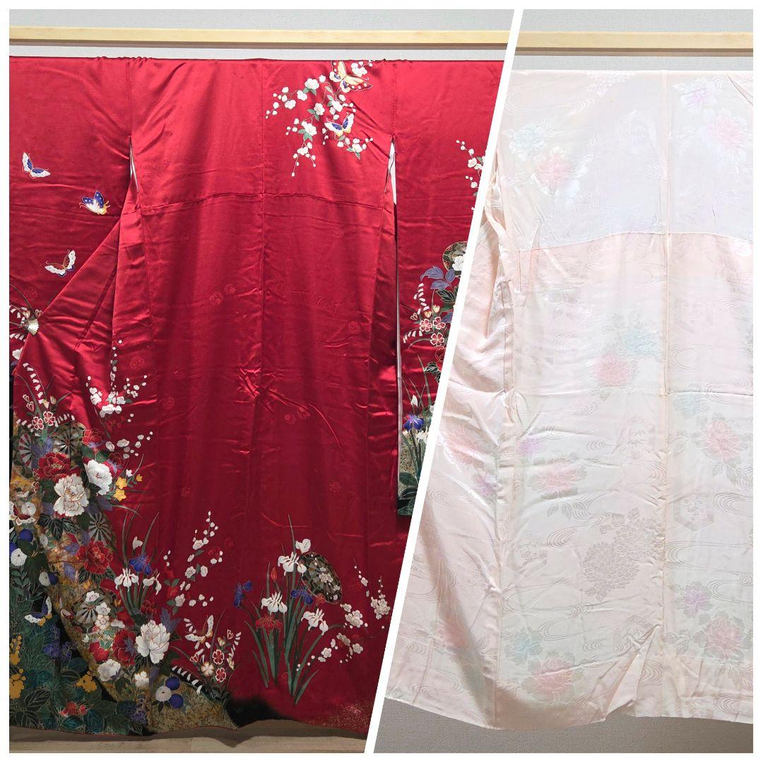 D2 振袖・襦袢セット牡丹の花 金彩 金駒刺繍 袷 正絹 成人式 着物