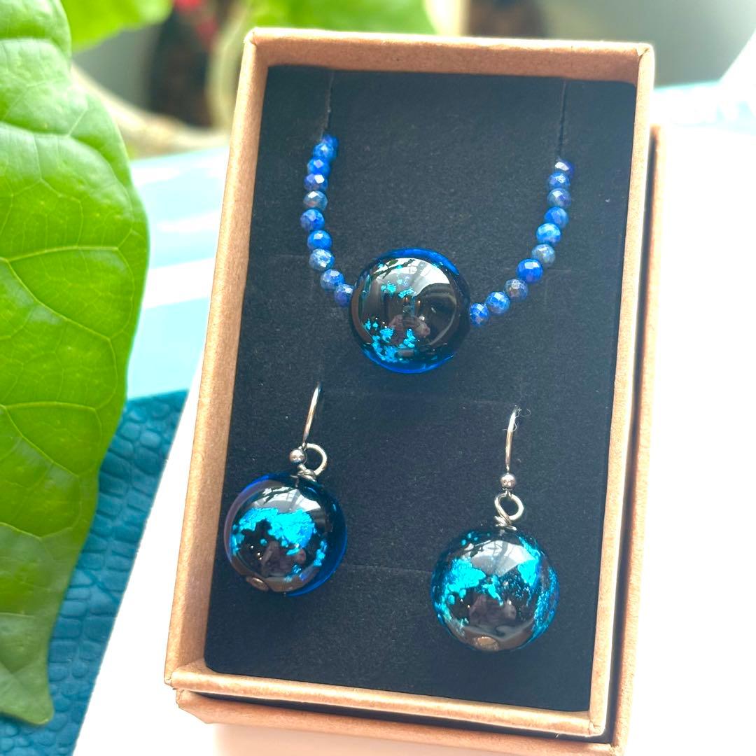 大ぶりホタルガラス*ピアス・ネックレスset アレルギー対応アクセサリー