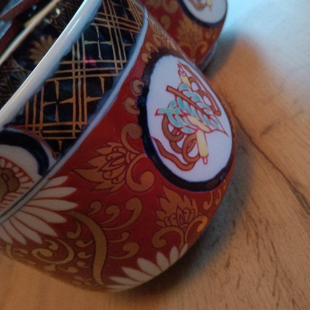 有田焼　藤太郎窯　塗り木蓋付き小丼5個　金彩古伊万里紋花紋　花唐草金彩