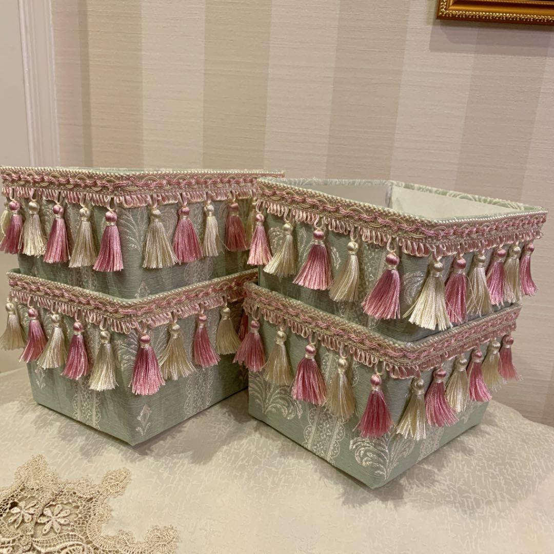 【4点セット】ミントグリーン　ロココタッセル収納ボックス