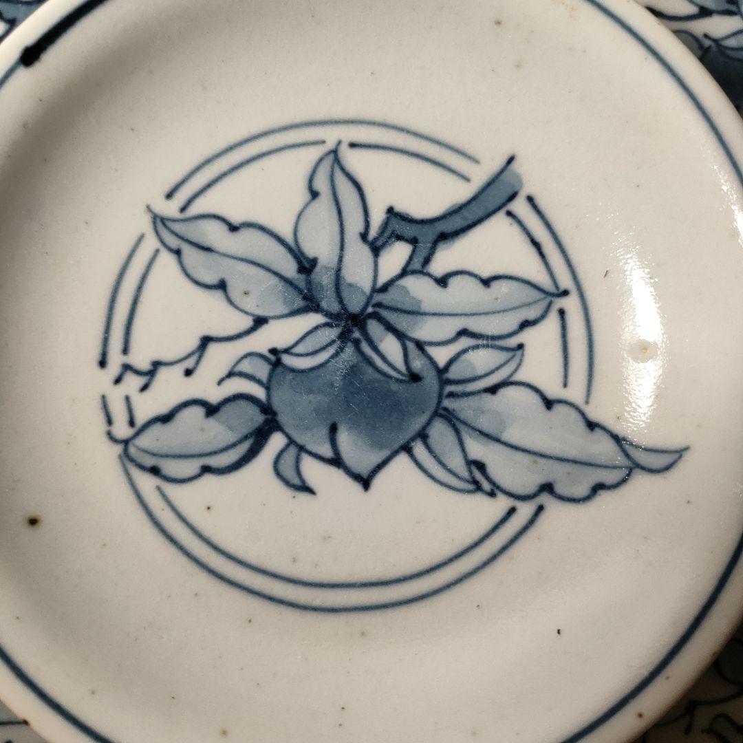 五代 佐藤走波 染付 桃絵　小皿深皿5枚