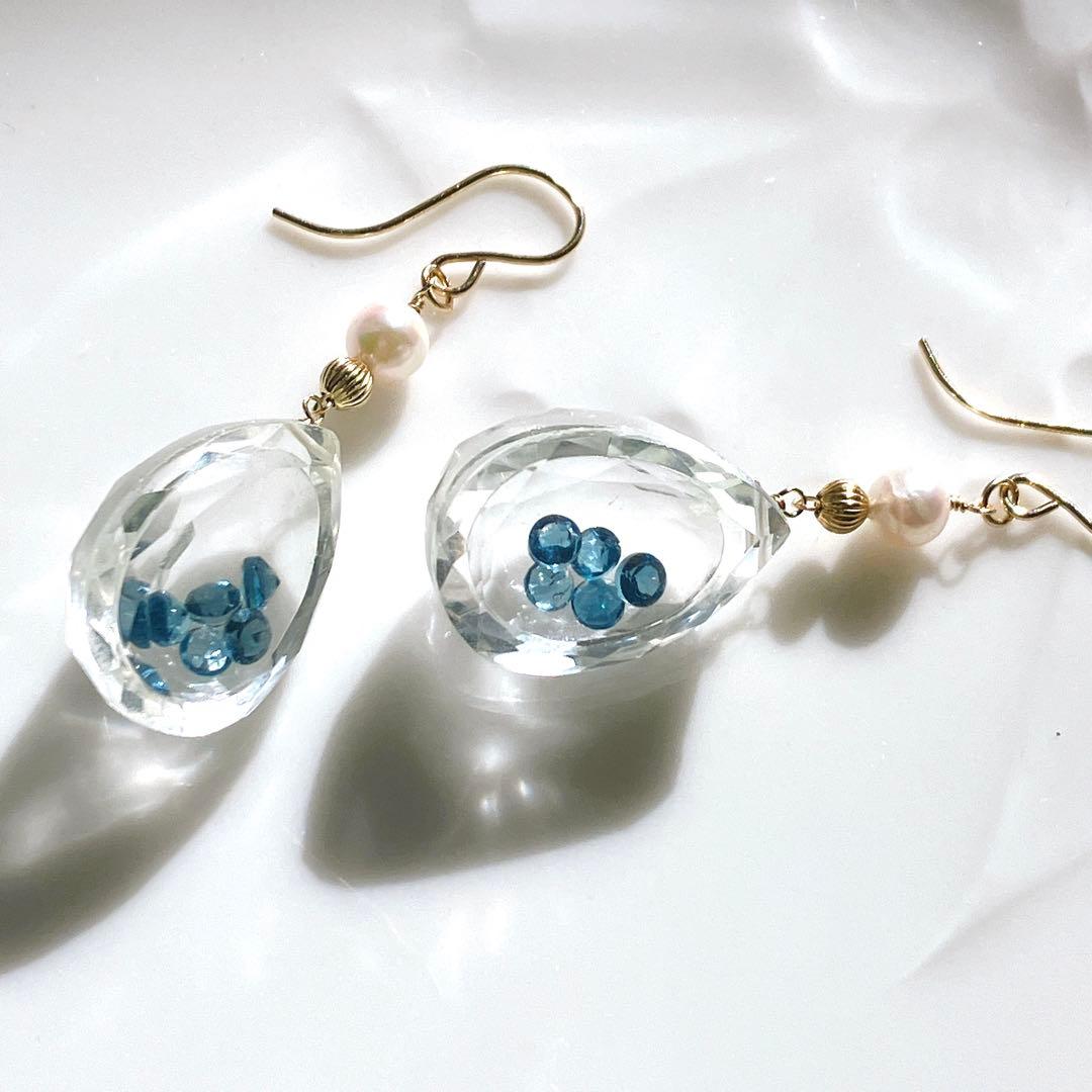 一点物✧水晶/ロンドンブルートパーズ 宝石箱ピアス✧14kgf✧あこや真珠