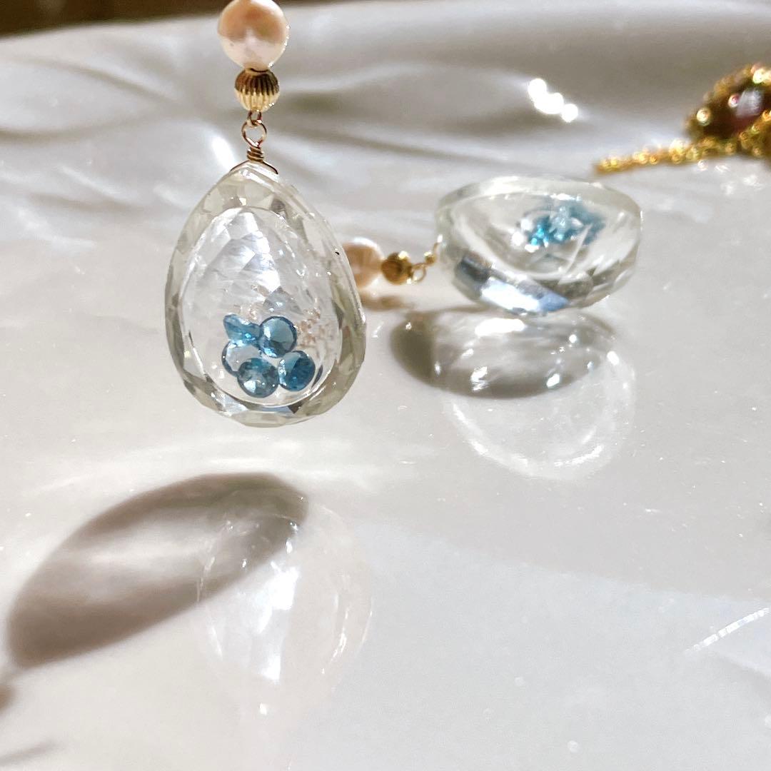 一点物✧水晶/ロンドンブルートパーズ 宝石箱ピアス✧14kgf✧あこや真珠