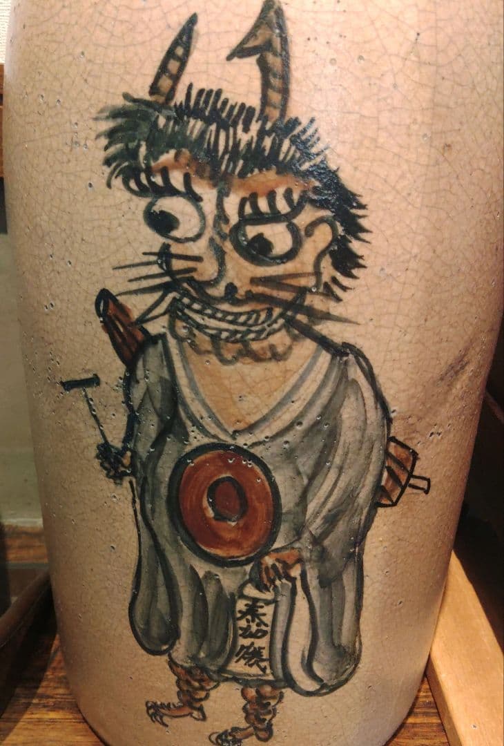 大津絵　徳利　鬼の寒念仏　超特大　高さ約52cm 　陶器製　酒器