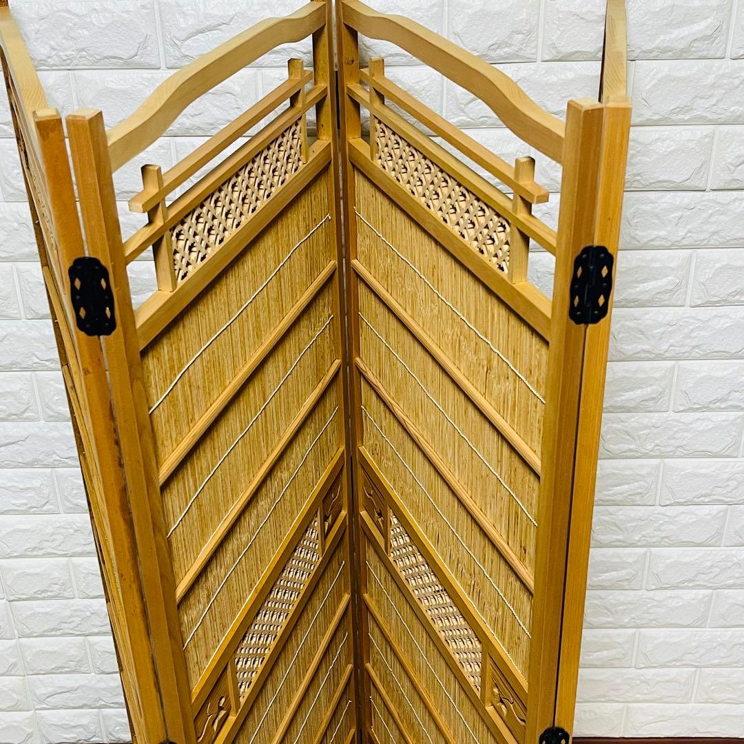 古い竹簾屏風 衝立 パーテーション 四連 透かし彫り 古道具