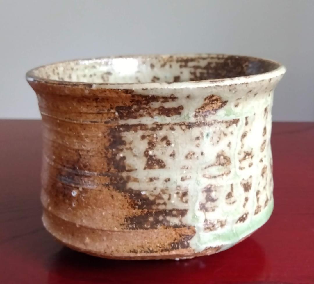 越前焼名工　桝田屋光生 自然灰釉ビードロ模様美還元窯変の究極美が迸る逸品 筒茶碗