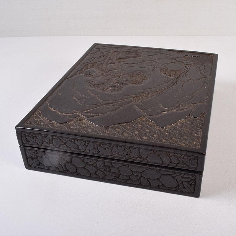 中国　漆塗　山水人物文　文箱　硯箱　V　R8958