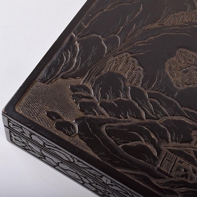 中国　漆塗　山水人物文　文箱　硯箱　V　R8958