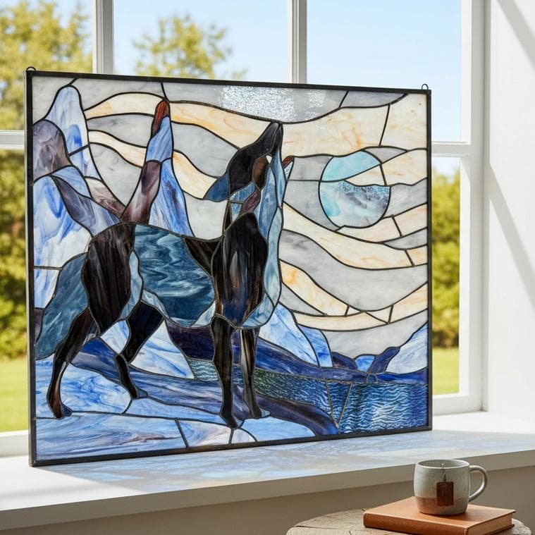 【幅61.5㎝】【希少】大型 ステンドグラス 狼と月 遠吠え 壁掛け パネル