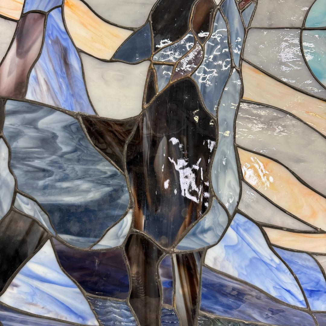 【幅61.5㎝】【希少】大型 ステンドグラス 狼と月 遠吠え 壁掛け パネル