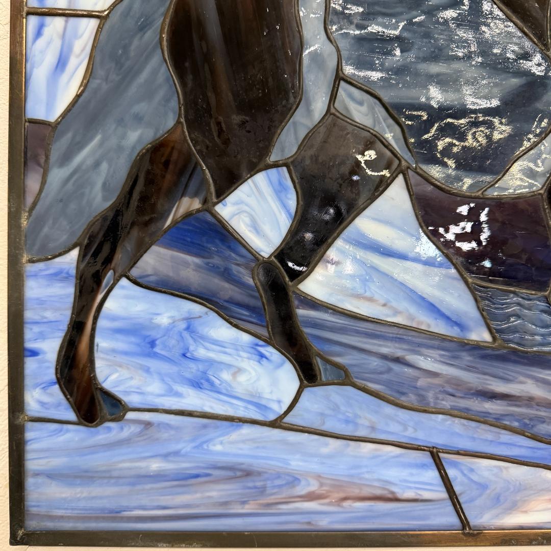 【幅61.5㎝】【希少】大型 ステンドグラス 狼と月 遠吠え 壁掛け パネル