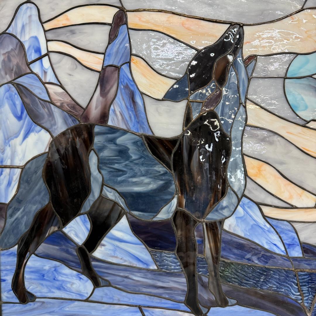 【幅61.5㎝】【希少】大型 ステンドグラス 狼と月 遠吠え 壁掛け パネル