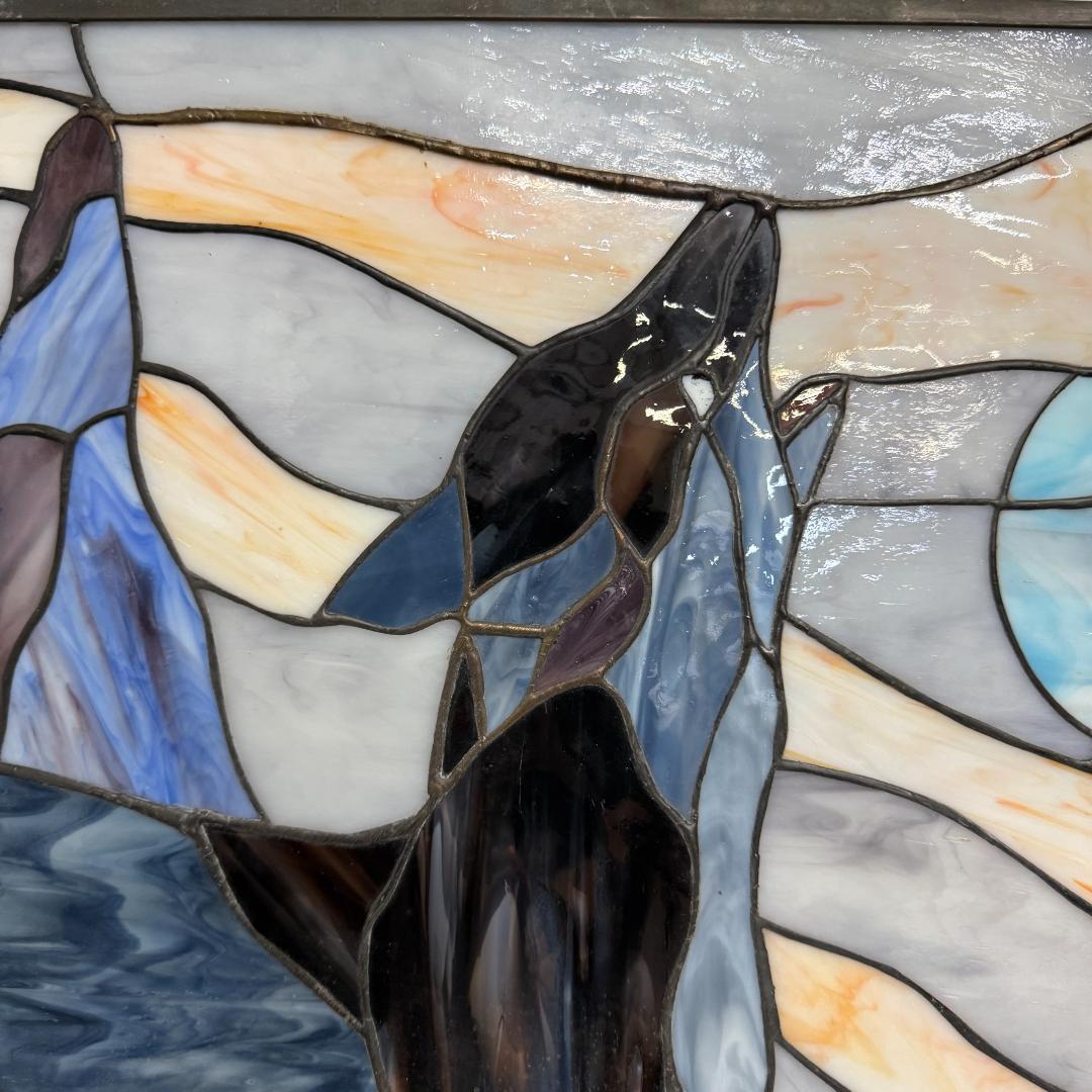 【幅61.5㎝】【希少】大型 ステンドグラス 狼と月 遠吠え 壁掛け パネル