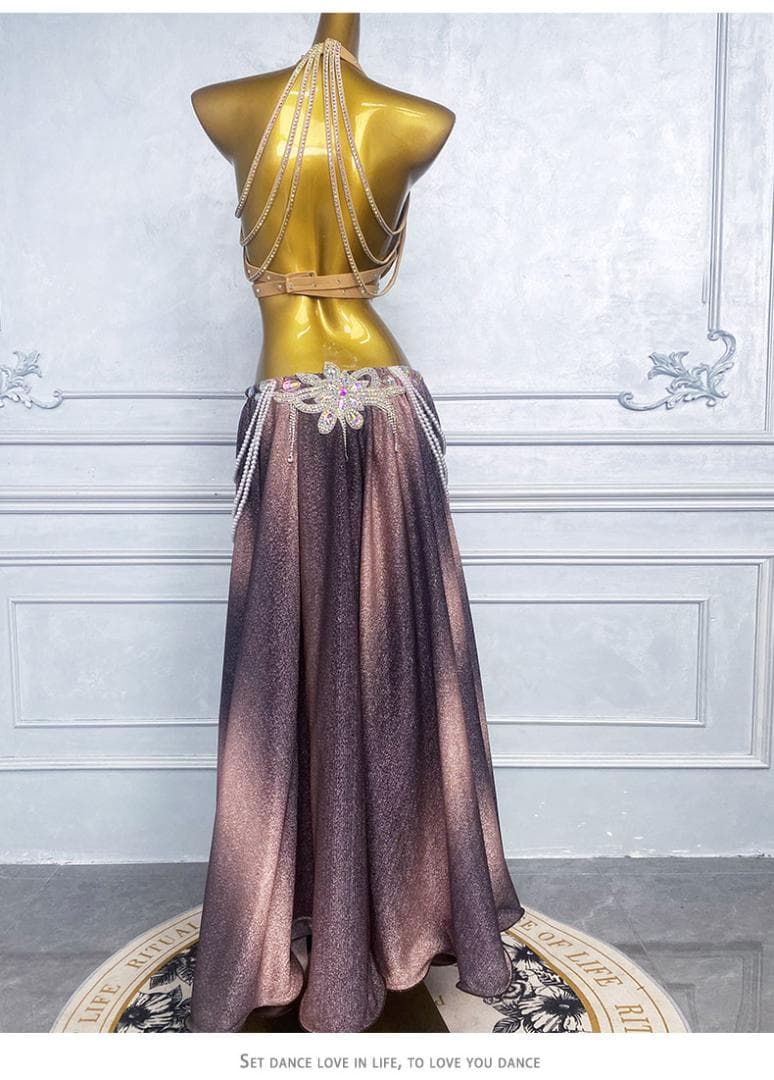 新品 ベリーダンス衣装 高級舞台用 コーヒー ロングスカートセット M L