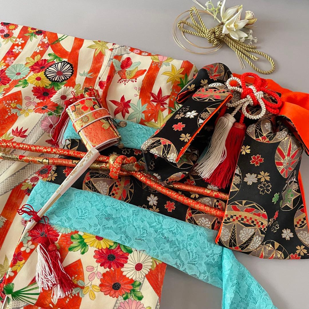 七五三 アンティークお着物セット　小柄な7歳さん　6歳　作り帯コーデ　髪飾り付き