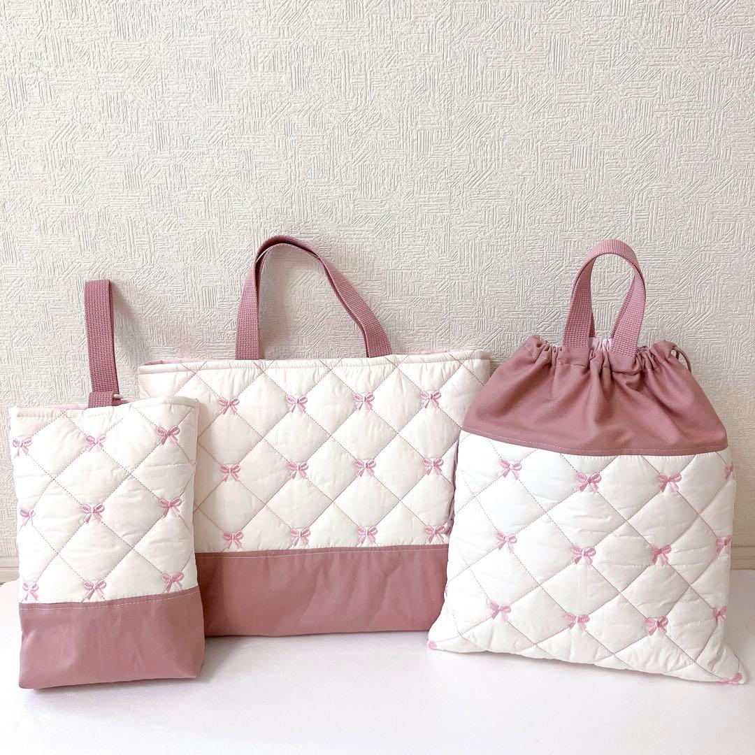 レッスンバッグ 上履き入れ　体操服袋　リボンキルト　韓国生地