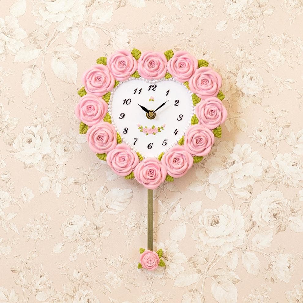 薔薇＆ハート 振り子時計 ラブリー 掛け時計 インテリア バラ ピンク