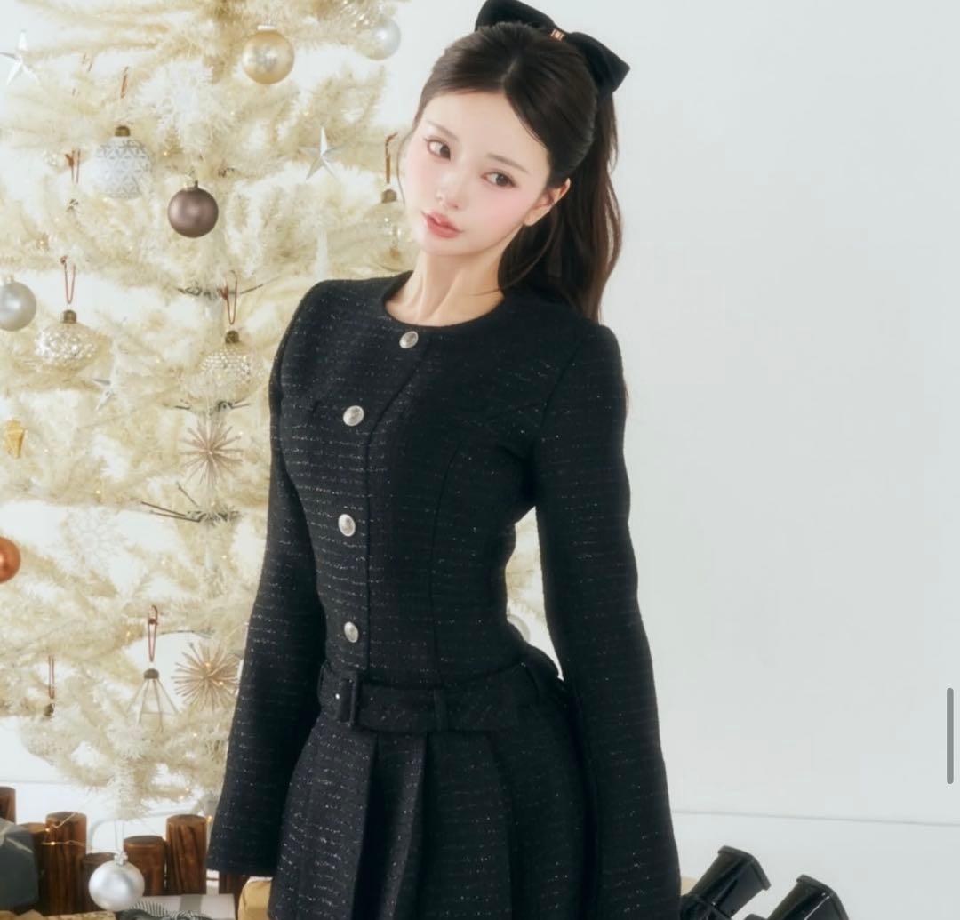 darich ボックスプリーツツイードミニワンピース　BLK