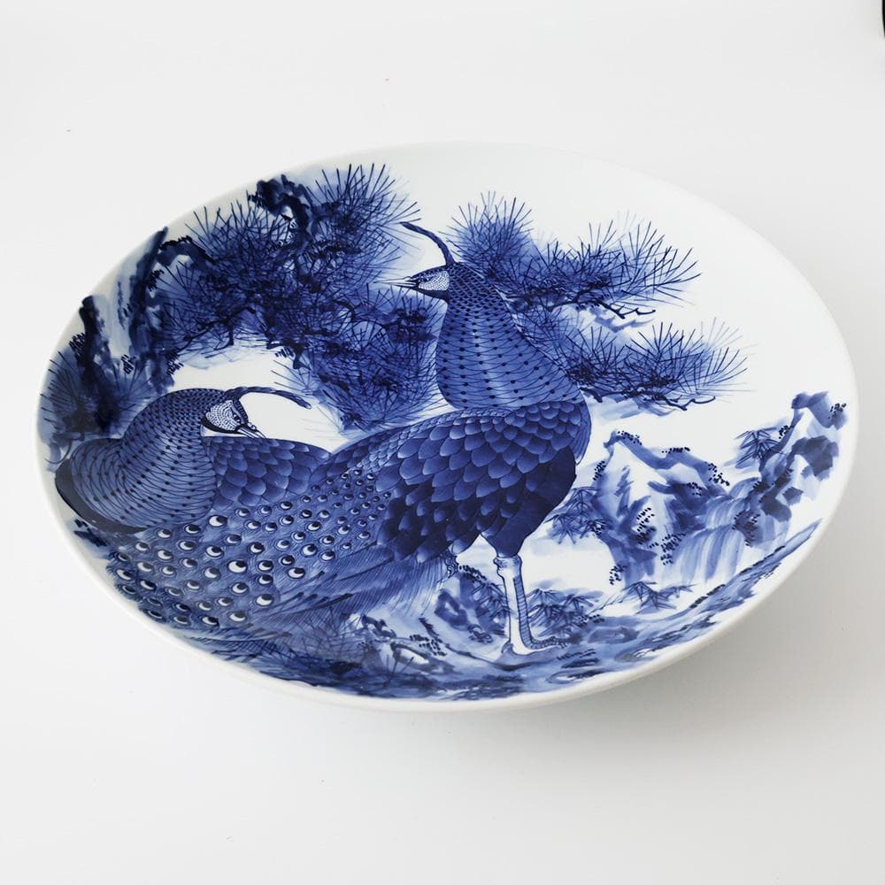 華山作 1尺5寸 染付 大皿 松 双雉図 飾皿 床の間飾 45㎝ 縁起物