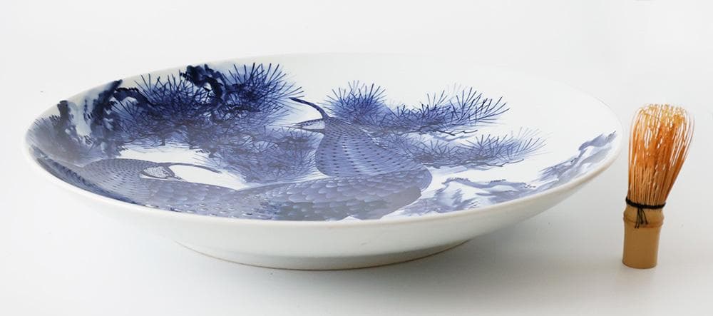 華山作 1尺5寸 染付 大皿 松 双雉図 飾皿 床の間飾 45㎝ 縁起物