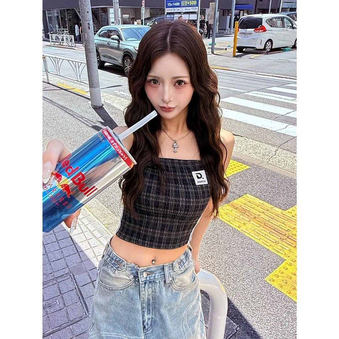 新品タグ付き ダーリッチ リメイクライクチェックベアトップ グリーン