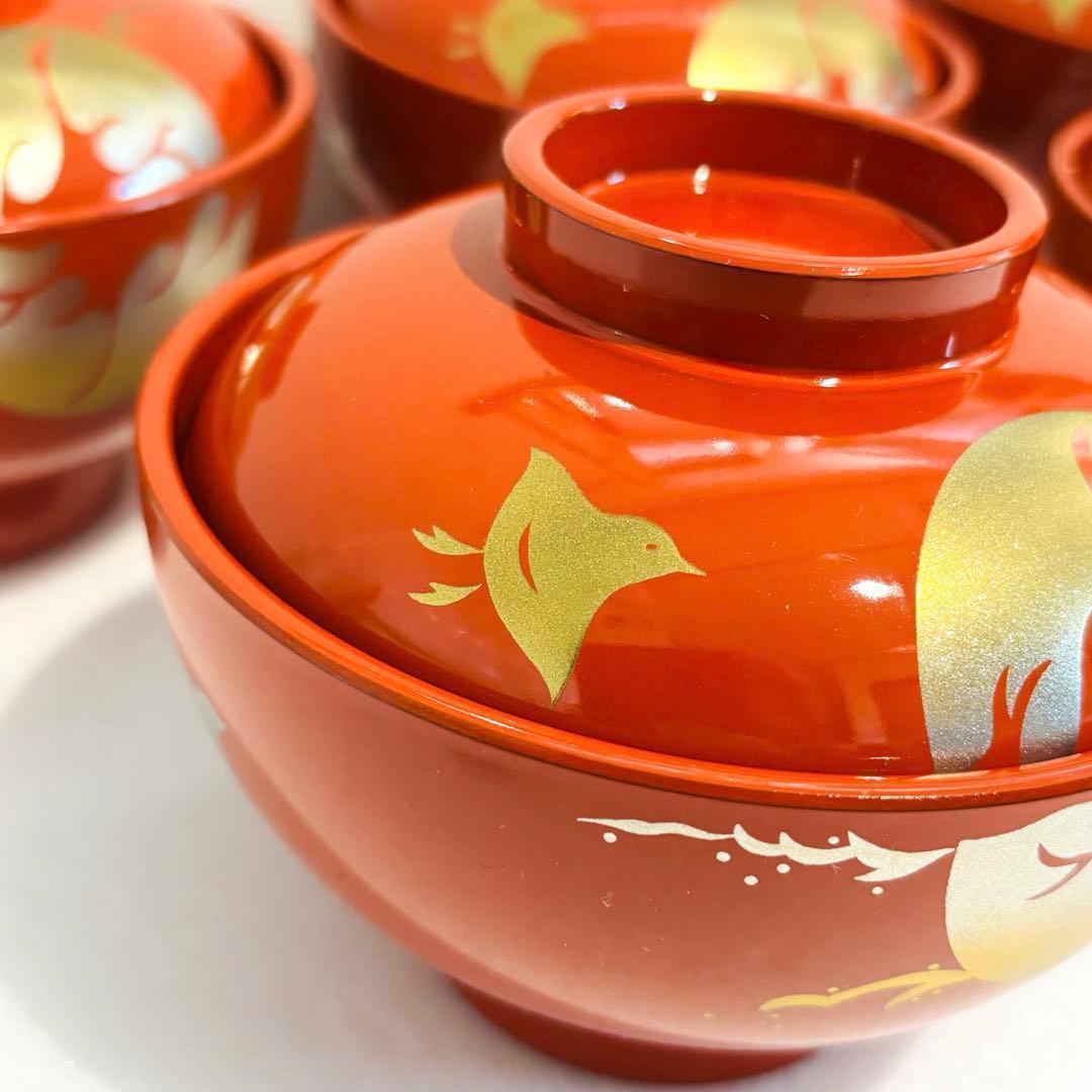 ⭐️ 朱塗 瑞鳥蒔絵 蓋付き椀揃 5客 美品 ⭐️