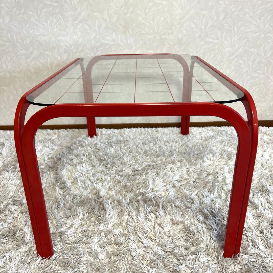 レトロポップ ガラステーブル アイアンテーブル グリッド柄 赤 80s 90s